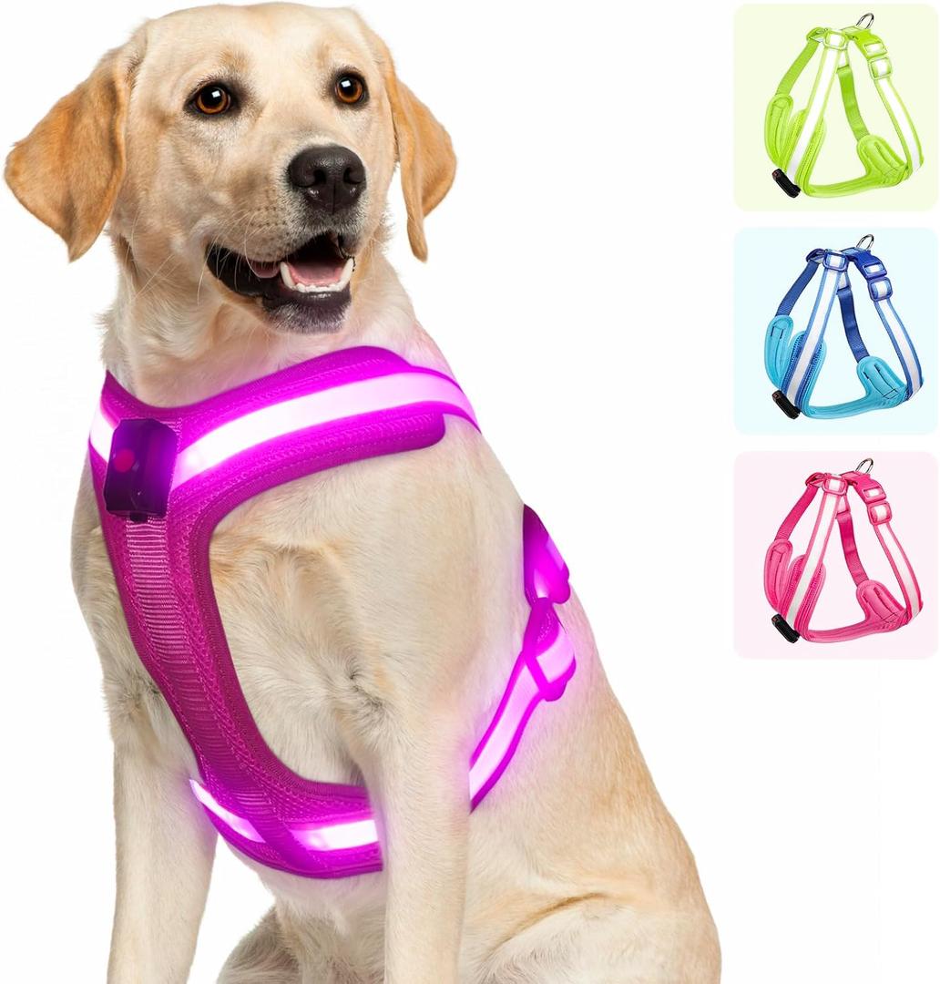 Light Up Dog Harness - LED Dog Harness Rechargeable, No Choke Illuminated Glow Dark Harness Vest Waterproof for Medium Large XL Dogs for Camping Night Safety Walking-Pink,M
