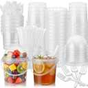 50 Pcs Bucket Cups Bulk Reusable Plastic Drink Buckets with Lids Dome Forks and Straws 32 oz Ice Cream Freezer Food Storage Containers for Popcorn Pail Outdoor Travel Beverage Party Picnic