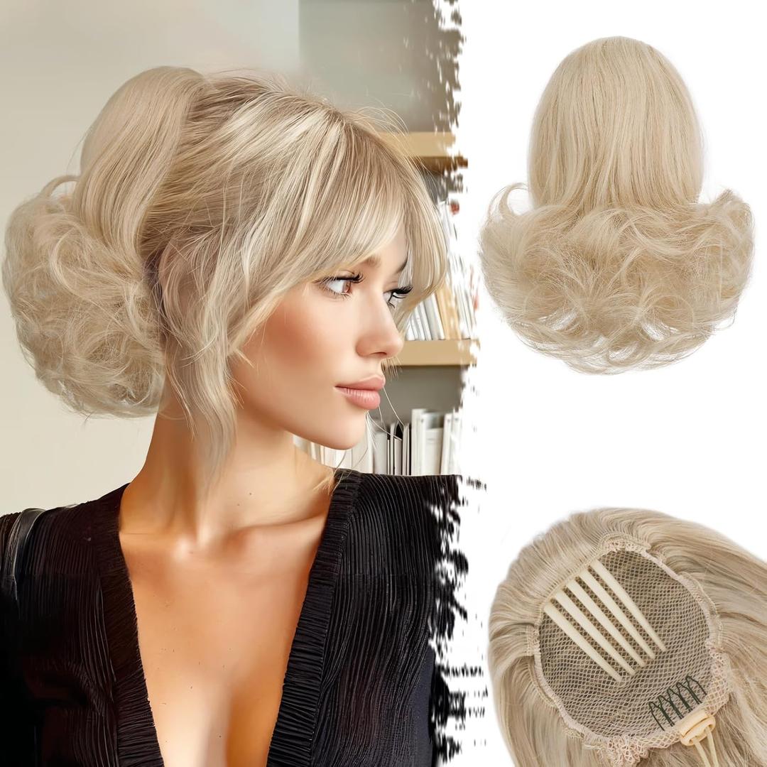 BARSDAR Honey Blonde Drawstring Ponytail Extensions - 10 Inch Short Wavy Drawstring Comb Clip in Pony Tails Hairpieces for Women - Synthetic Short Wavy Blonde Ponytail Hair Extensions