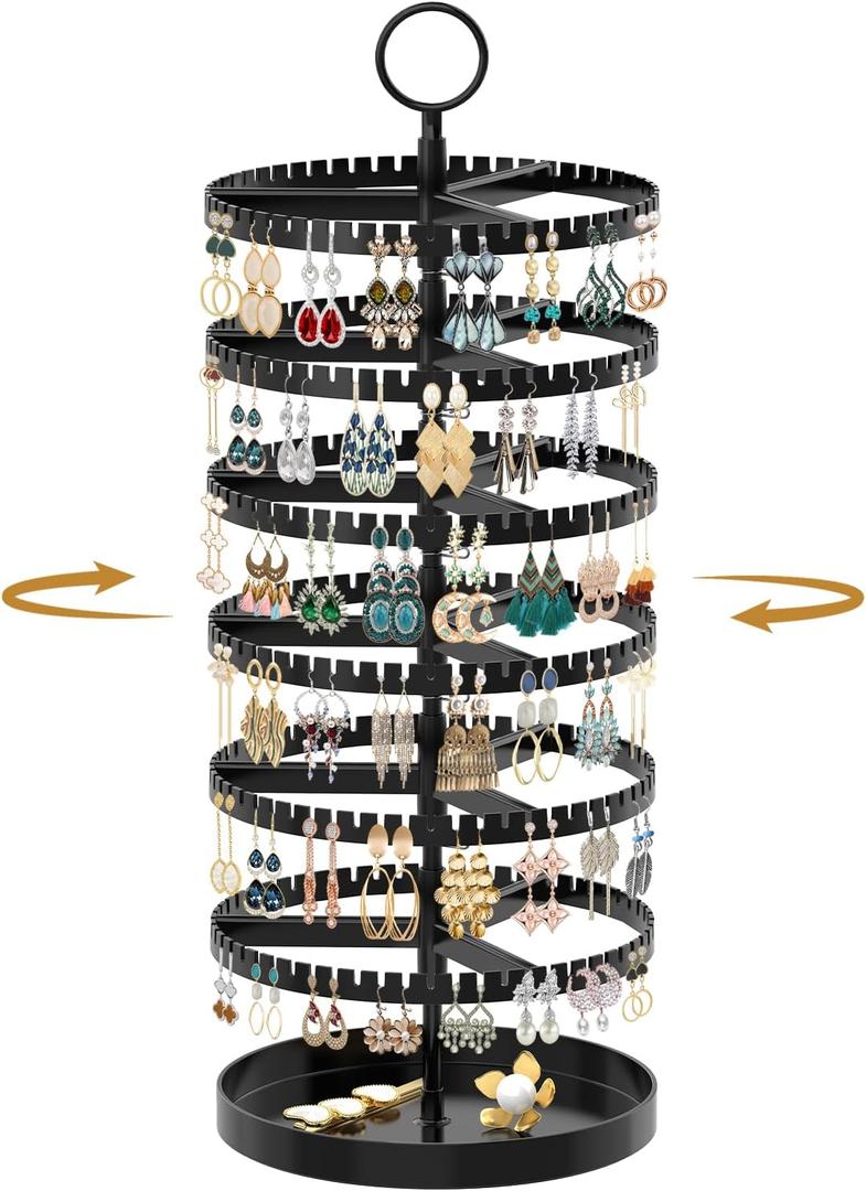 MODOWEY 6 Tier Rotating Earring Holder Organizer Display Tree with Metal Tray, Adjustable Plastic Stand with 342 Slots for Stud Hoop Hanger, Large Capacity Storage Rack for Women Space Saving, Black