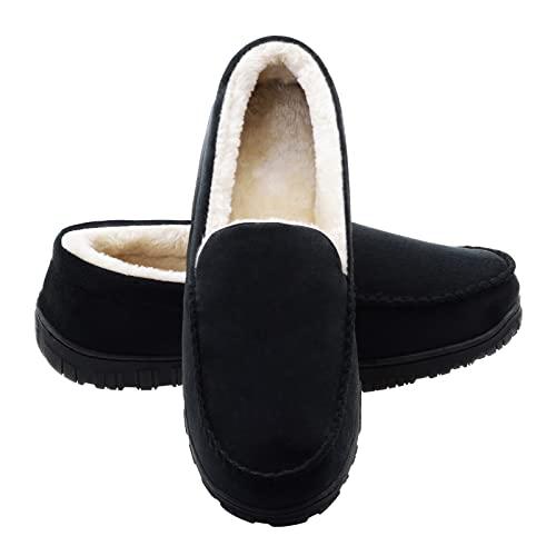 Lulex Mens Moccasin Slippers Plush Indoor Outdoor House Bedroom Shoes with Soft Memory Foam Black 13 M US
