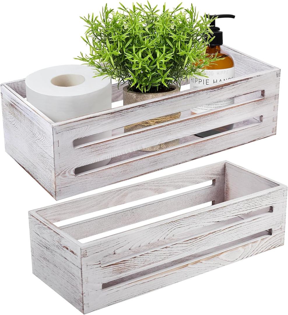 LotFancy Bathroom Decor Box, 2 Pack Wooden Toilet Paper Holder, White Toilet Storage Basket for Back of Toilet, Farmhouse Toilet Tank Topper (White (Hollowed-out))