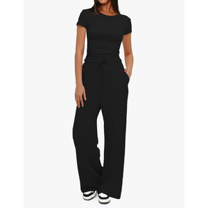 Darong Women's 2 Piece Set Summer Outfits Lounge Sets Ruched Short Sleeve Tops High Waisted Wide Leg Pants Tracksuit Sets Size L