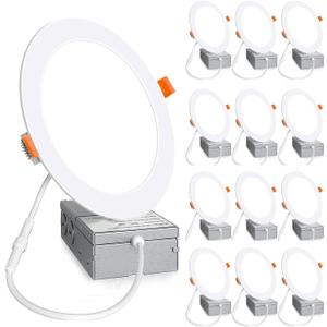 12 Pack 6 Inch 6000K Daylight Ultra-Thin LED Recessed Ceiling Light with Junction Box, 1080LM Brightness, LED Light Canless Wafer Downlight 12W 110W Eqv Can-Killer Downlight. (White)