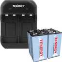 Tenergy 9V Battery Rechargeable 250mAh 4 Pack NiMH Square Battery with 2 Bay 9V Battery Charger for Smoke Alarm/Detector