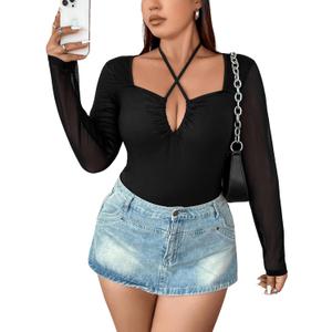 SOLY HUX Plus Size Tops for Women Long Sleeve Sexy Going Out Tops V Neck Criss Cross T Shirts Blouse Solid Black 0XL
