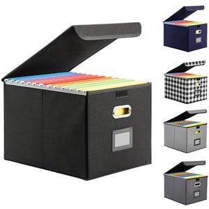Hleelomi File Organizer Box, Linen Filing Organizer with Lid, Large Desktop File Boxes, Black