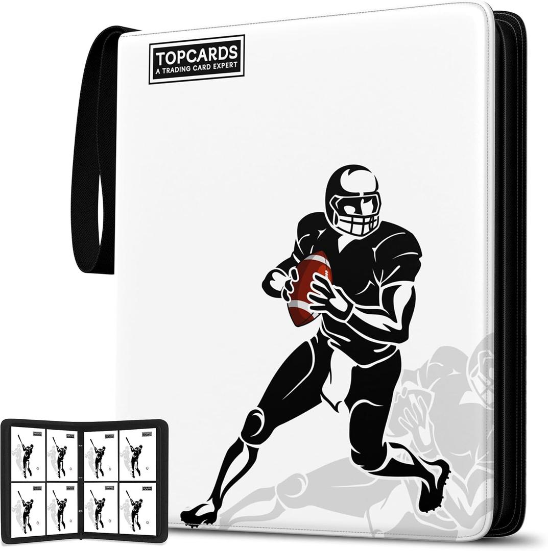 Card Binder 4 Pocket ，Trading Card Binder 400 Pockets Football Card Holder with 50 Removable Sleeves 3-Ring Zip Design Star/Ball/Sport Collectible Trading Card Albums Gifts for Boys Girls (Football), Small