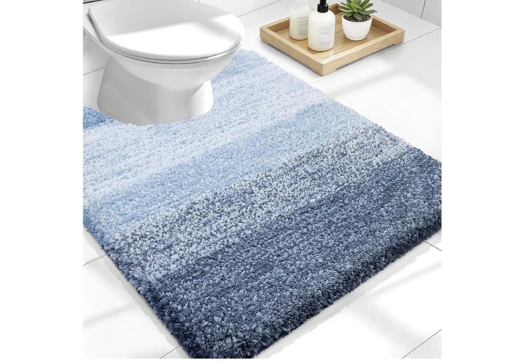 OLANLY Luxury Toilet Rugs U-Shaped 24x20, Extra Soft and Absorbent Microfiber Bathroom Rugs, Non-Slip Plush Shaggy Bath Mat, Machine Wash Dry, Contour Bathroom Mats for Toilet Base, Blue