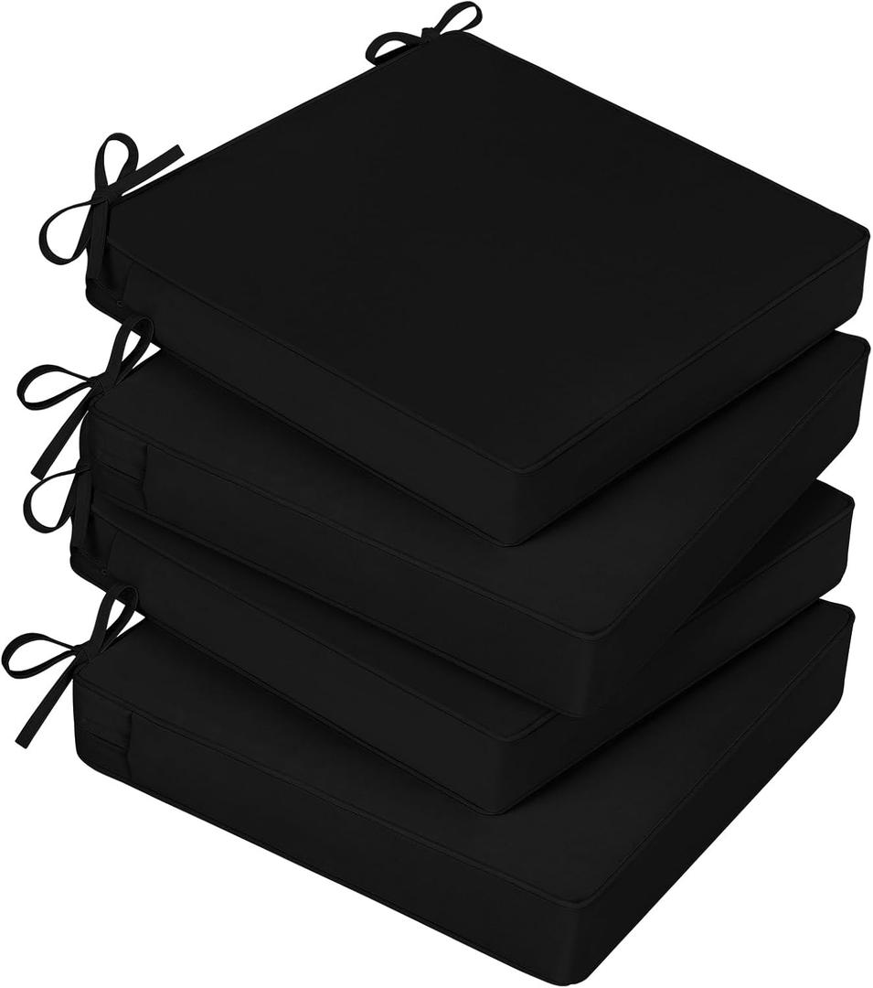 Basic Beyond Outdoor Chair Cushions for Patio Furniture, Waterproof Outdoor Seat Cushions Set of 4 19 x 19, Patio Chair Cushions Set of 4 with Ties and Handle, Black