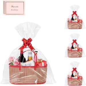 Large Woven Gift Basket with Handles - Empty Bamboo Basket for Gifts (Adults/Wine/Christmas) (RED, 3PC LARGE)