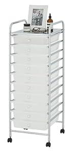 Display By Jack Rolling Storage Cart 10 Drawer Organizer with White Drawers, Slim 36" Chrome Frame, Locking Wheels, and Top Shelf for Office, Classroom, Bathroom, or Craft Storage