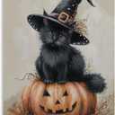 FireDeer Vintage Halloween Canvas Wall Art, Cute Black Cat Witchy Print Poster, Retro Funny Lighted Pumpkin Decoration, Victorian Gothic Wiccan Artwork, Creepy Halloween Pictures (24L" x 16W")