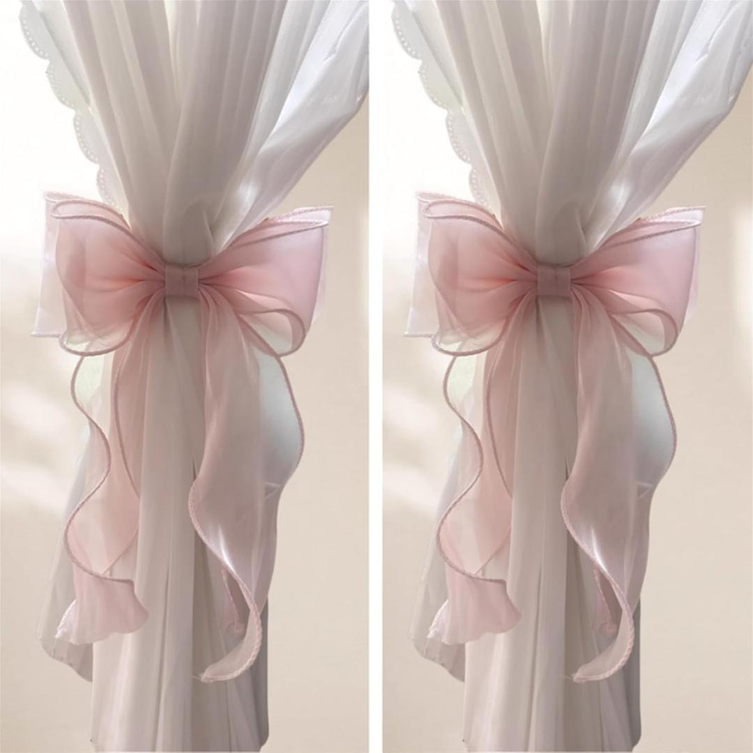 2 Pack French Silky Bow Curtain Tiebacks, Elegant Lace Ribbon for Curtains Decorative Rope Accessories Home Dcor (Pink,2)