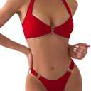 SKAYS Women's Sexy Two Piece Bikini Sets Triangle Swimsuits Ribbed Halter Ring Stylish High Cut Thong Swimwear Bathing (Medium, Red)