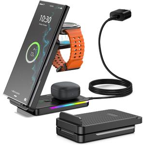 Wireless Charger for Samsung, 3 in 1 Wireless Charging Station for Samsung Galaxy S25 Ultra/Z Fold7/Flip7/S24, Foldable Charger for Samsung Galaxy Watch 8/Ultra/7/6/5, Buds (Black)