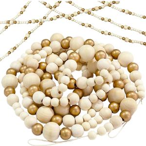 86.6 inch Christmas Wood Bead Garland,Gold Natural Decorated Beads Garland Ornament for Christmas Tree Farmhouse Home Decoration