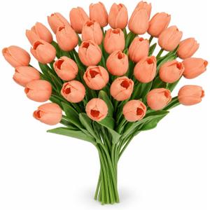 MACTING 30PCS Artificial Tulip Flowers 13.7" Real Touch Fake Tulips Faux Flowers for Floral Arrangements Table Centerpieces Kitchen Dining Room Mothers Day Summer Decorations,Light Orange