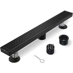 Black Shower Drain, 24 Inch Linear Shower Drain with Removable Square Hole Cover Grate, Modern 304 Stainless Steel Matte Black Shower Floor Drain with Adjustable Feet,Hair Strainer, Shower Drain
