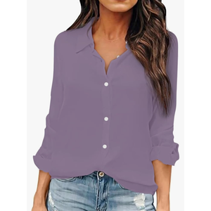 OMSJ Women Button Down Shirts Long Sleeve Chiffon Office V Neck Casual Business Blouses Tops, S