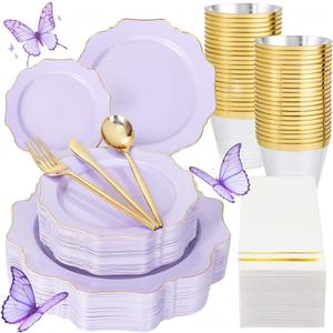 WDF 175Pcs Purple Plates Disposable - Lavender Plastic Plates 25guest Plastic Dinnerware Ideal for Birthday Party/Wedding/Spring/Picnic (Purple and Gold)
