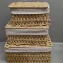Woven Storage Baskets with Lids, Set of 3, Gray Paper Rope Wicker Bins with Lids & Removable Liners, Stackable Shelf Organizer Boxes for Bathroom Closet Nursery (Khaki)