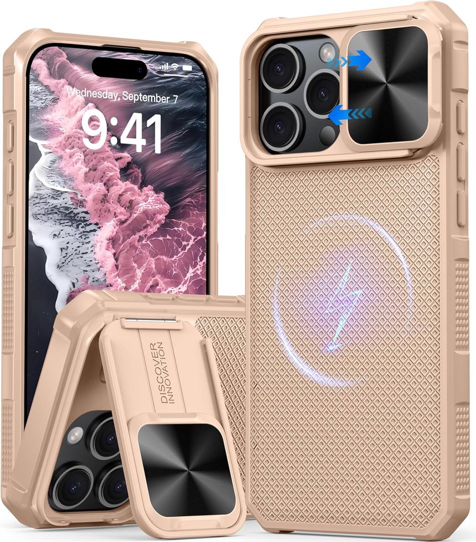 Magnetic for iPhone 16 Pro Case,[Compatible with Magsafe][Slide Camera Cover][Kickstand][Military Grade Protection] Shockproof Rugged Case for iPhone 16 Pro,Rose Gold
