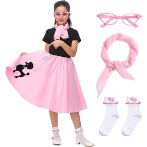 Leadtex 50s Poodle Skirt Sock Hop Costume Accessory Set for Girls with Scarf,Glasses,Socks. (M(8-10), Pink)