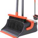 Broom with Dustpan Combo Set, Long Handle Upright Standing Self-Cleaning Broom and Dustpan Set for Pet Hair & Dust Cleanup, Indoor Outdoor Use for Home, Kitchen, Office, Orange & Gray