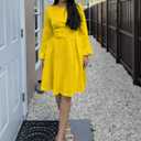 Elainone Women Long Sleeve A Line Dress with Belt Church Wedding Guest Semi Formal Office Dresses (Yellow) L