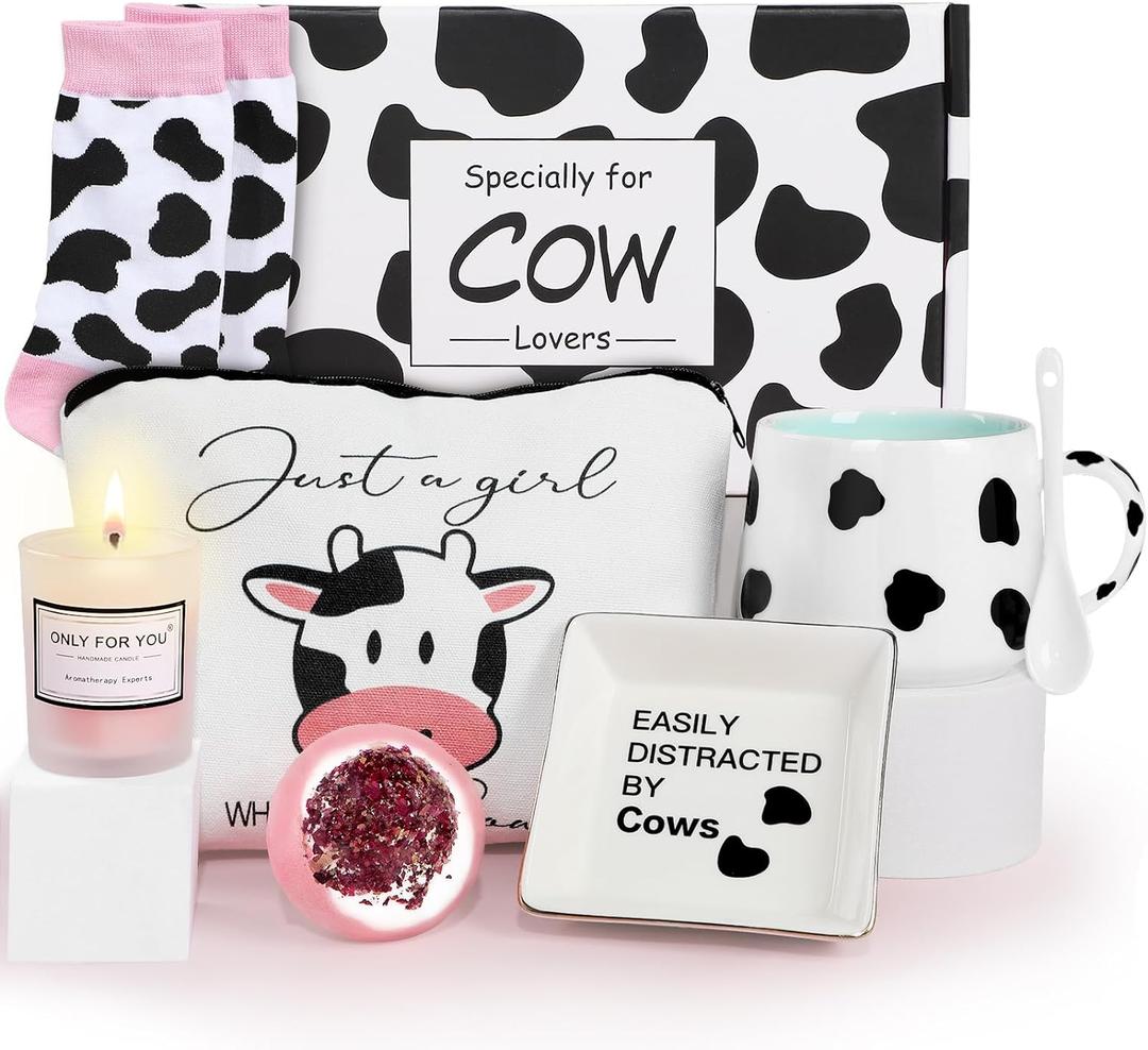 UAREHIBY Cow Print Stuff,Cow Themed Gifts for Women,Birthday Gifts for Cow Lovers,Cute Cow Ceramic Mug,Cow Print Cosmetic Bag and Socks for Cow Lovers