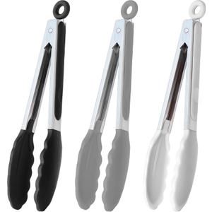 9-Inch Serving Tongs Silicone Tongs, Set of 3 (Black White Gray)