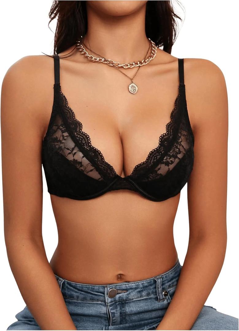 SOLY HUX Women's Sexy Lace Bras Underwire Everyday Bra Comfort Push Up Bralettes (Plain Black), XL