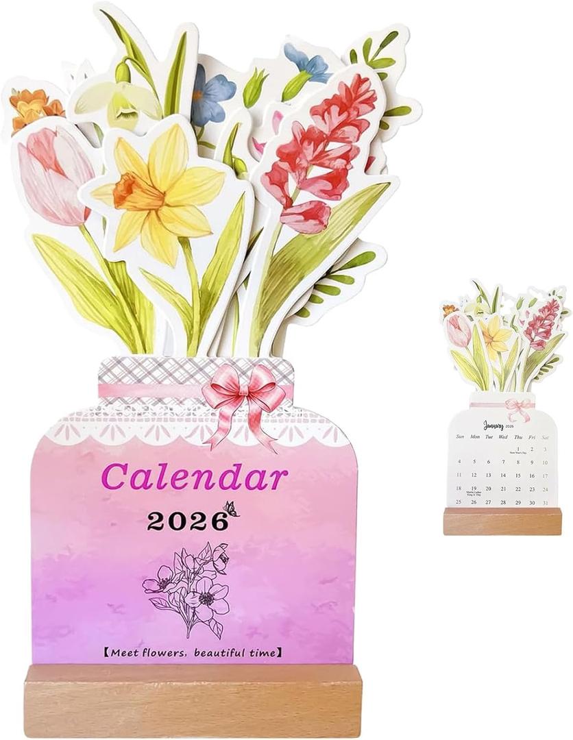 2 x Bloomy Flowers Desk Calendar 2026, Small Desk Calendar Mini, Floral Desktop Calendar, Removable Vase Shaped Monthly Calendar Planner for Home, Office and Desk Accessories