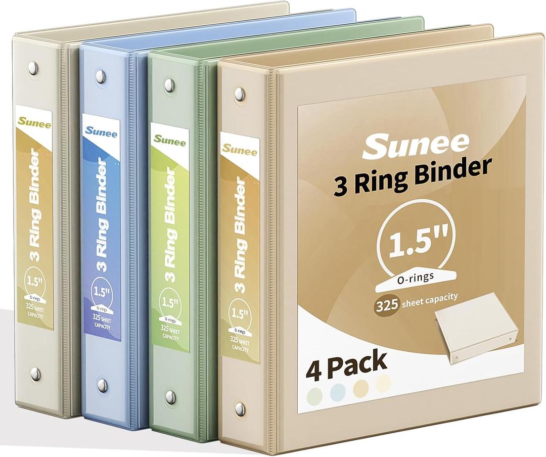 SUNEE 3 Ring Binder 1.5 Inch 4 Pack, Clear 1 1/2 Inch View Binder Three Ring PVC-Free (Fit 8.5x11 Inches) for School or Office Supplies, Neutral Aesthetic