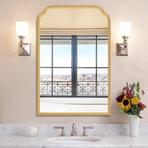 20X30 Inch Gold Bathroom Mirror for Wall, Modern Rounded Corner Rectangle Mirror with Non-Rusting Iron Metal Framed Bathroom Vanity Mirror for Over Sink Wall Decor (Tempered Glass)