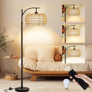 Boho Rattan Floor Lamps for Bedroom with 3 Color Temperatures, 75'' Farmhouse Arc Floor Lamp Adjustable Height with Shades/Remote Control/12W LED Bulb/360 Rotatable for Living Room, Office