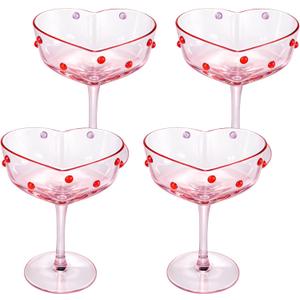 4 Pcs 12 oz Valentine's Day Heart Shaped Pink Martini Wine Glasses with Romantic Polka Dots Valentine's Day Gift Couple Glasses Heart Red Dotted Romantic Birthday Wedding Supplies