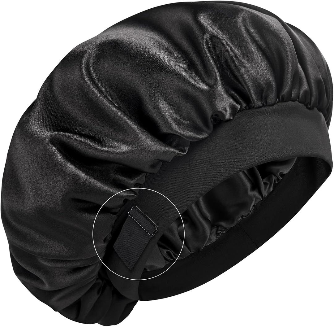 YFONG Real Mulberry Silk Bonnet, Double Layer Silk Lined Bonnet for Sleeping Women Men, Adjustable & Non-Slip Sleep Cap (Black)