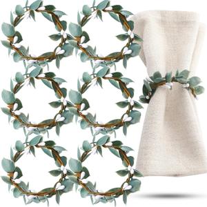 Domensi Napkin Rings Set of 6 Eucalyptus Leaf Napkin Rings Rustic Farmhouse Greenery Spring Wreath Napkin Ring Holders for Wedding Banquet Christmas Family Dining Table Decoration (White Berries)