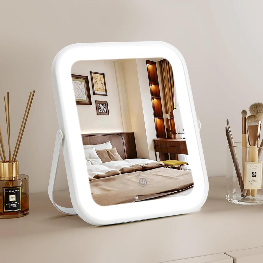 Vanity Mirror with Lights, 10"8" Makeup Mirror with lights, 1500mAH Battery, Smart Touch with 3-Color Lighting, Dimmable, 360 Rotation, HD Desk Mirror, Women Gift, Travel Essentials (White)