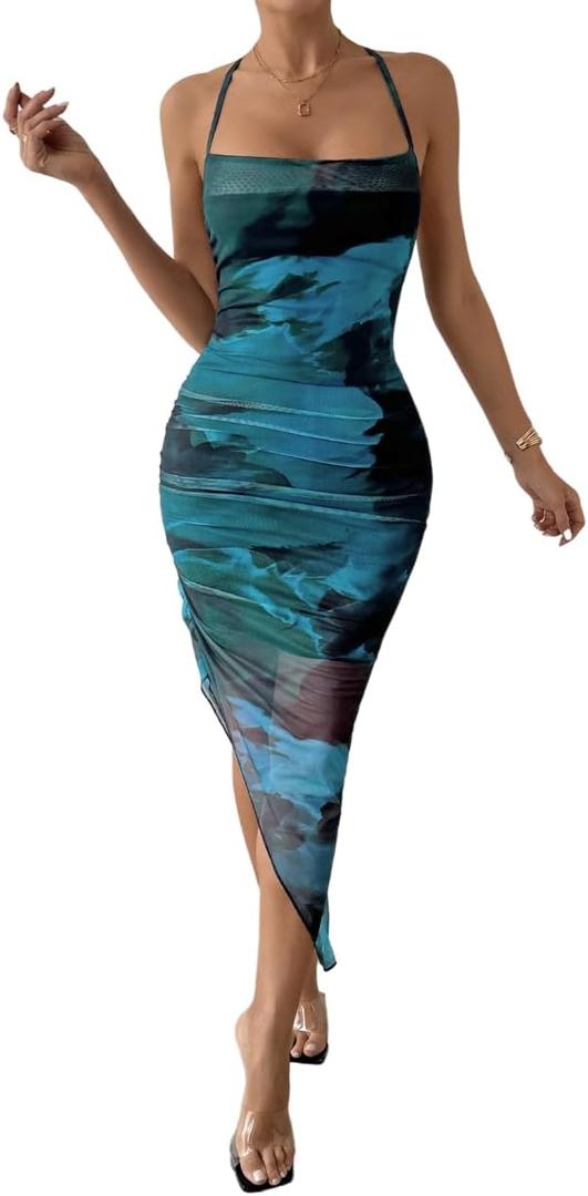 SOLY HUX Women's Tie Dye Cowl Neck Split Hem Bodycon Cami Dress Backless Long Dresses, Teal Blue, Size S