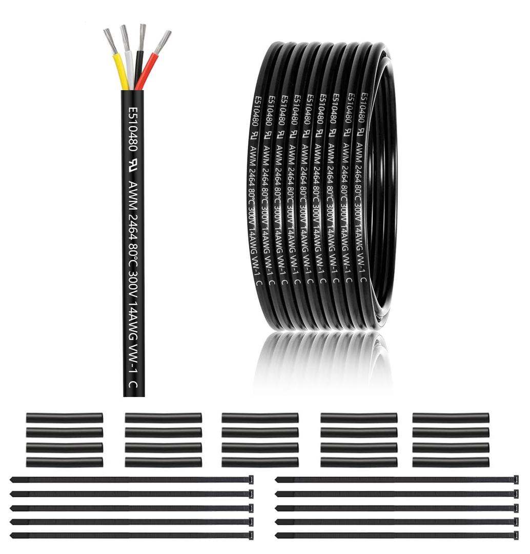 14 Gauge 4 Conductor Electrical Wire 50FT, UL 2464 14 AWG 4 Wire Cable Tinned Copper PVC Stranded 14/4 Core Wire for LED Lighting, Outdoor Low Voltage Extension Cable, Automotive etc.