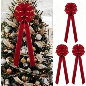 Red Velvet Christmas Tree Bows - Set of 3 Large 12x33 Inch Vintage Holiday Bows for Xmas Tree Decorations, Gift Wrapping, Garland, Party Decor for Indoor Outdoor Dilicoming