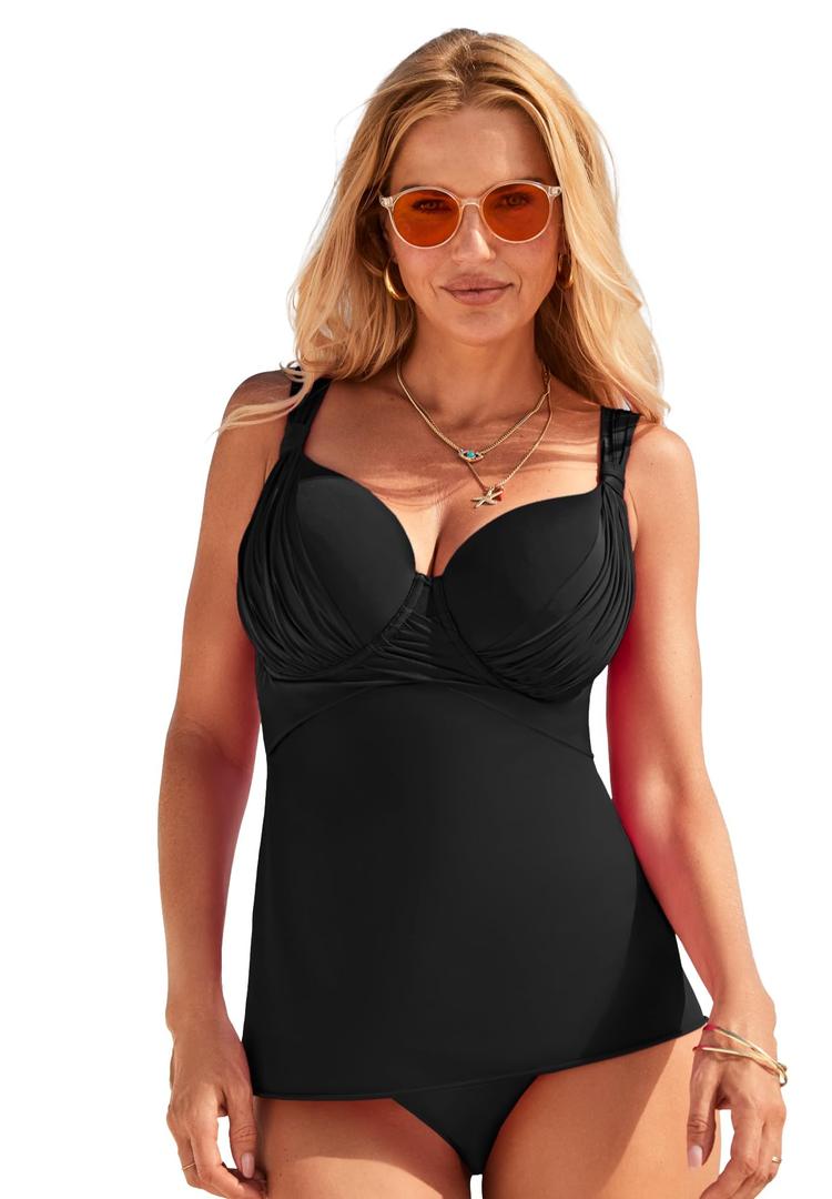 Swimsuits For All Bra Sized Drape Front Lightweight Underwire Tankini Top | Women's Plus Size (40D)