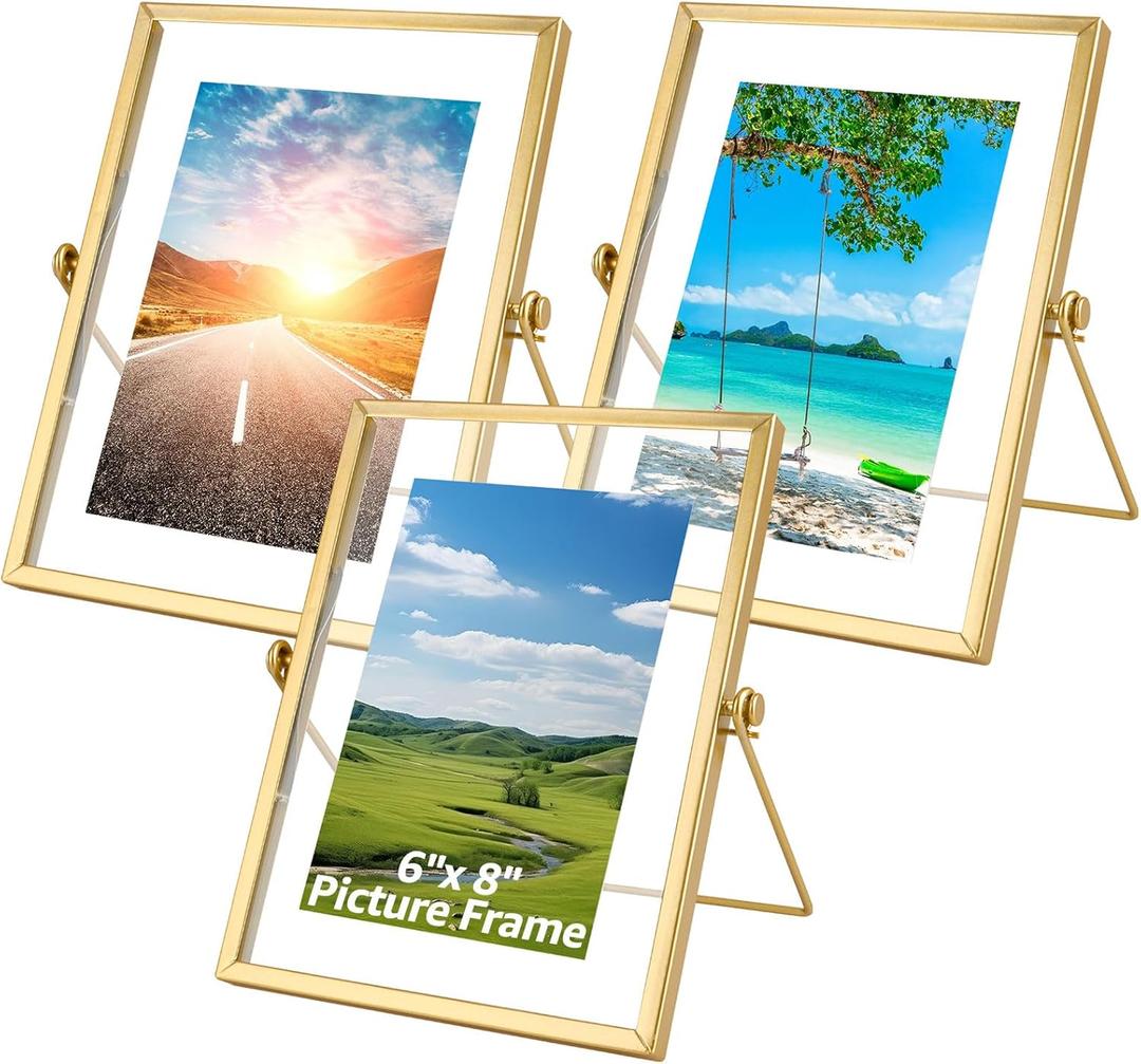 WOPPLXY 6"x 8" Gold Floating Frames, Set of 3 Pressed Glass Floating Frames, Vertical Adjustable Tabletop/Shelf Photo Frame, Gold Floating Picture Frame for 5x7, 4x6, 3x5 Photo Tabletop Display