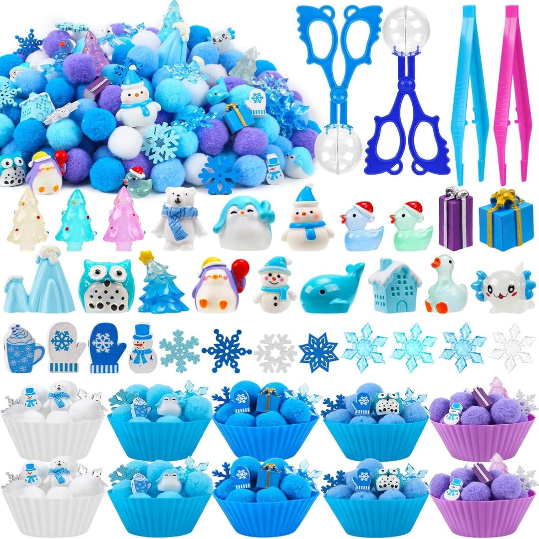 261Pcs Winter Sensory Bin Filler Fine Winter Motor Sensory Bin Items Include Pom Poms Arctic Animals Snowflakes for Xmas Counting Sorting Training