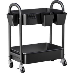 2 Tier Rolling Cart Metal, Two Tiered Short Storage Side Table with Wheels, Under Desk Mobile Trolley on Wheels, Small Utility Organizer Carts for Craft, Baby, Bedside, Office, Kitchen, Black Basket