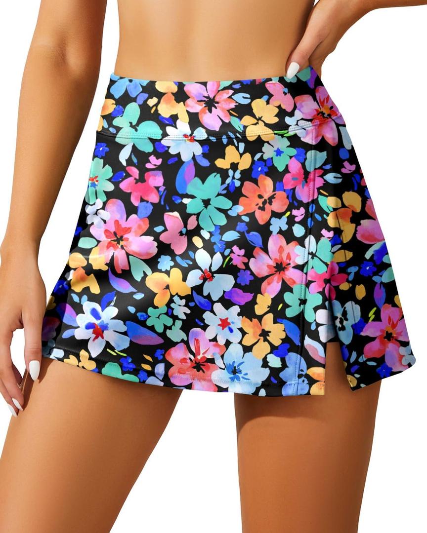 High Waisted Split Swim Skirt Built-in Shorts Tummy Control Swim Bottom (Pink, M)