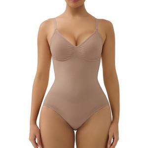 SHAPERX Women's Bra Free Bodysuits Tummy Control Shapewear Mid Thigh Body Shaper with Removable Pads (Large-X-Large, Sienna (Brief))
